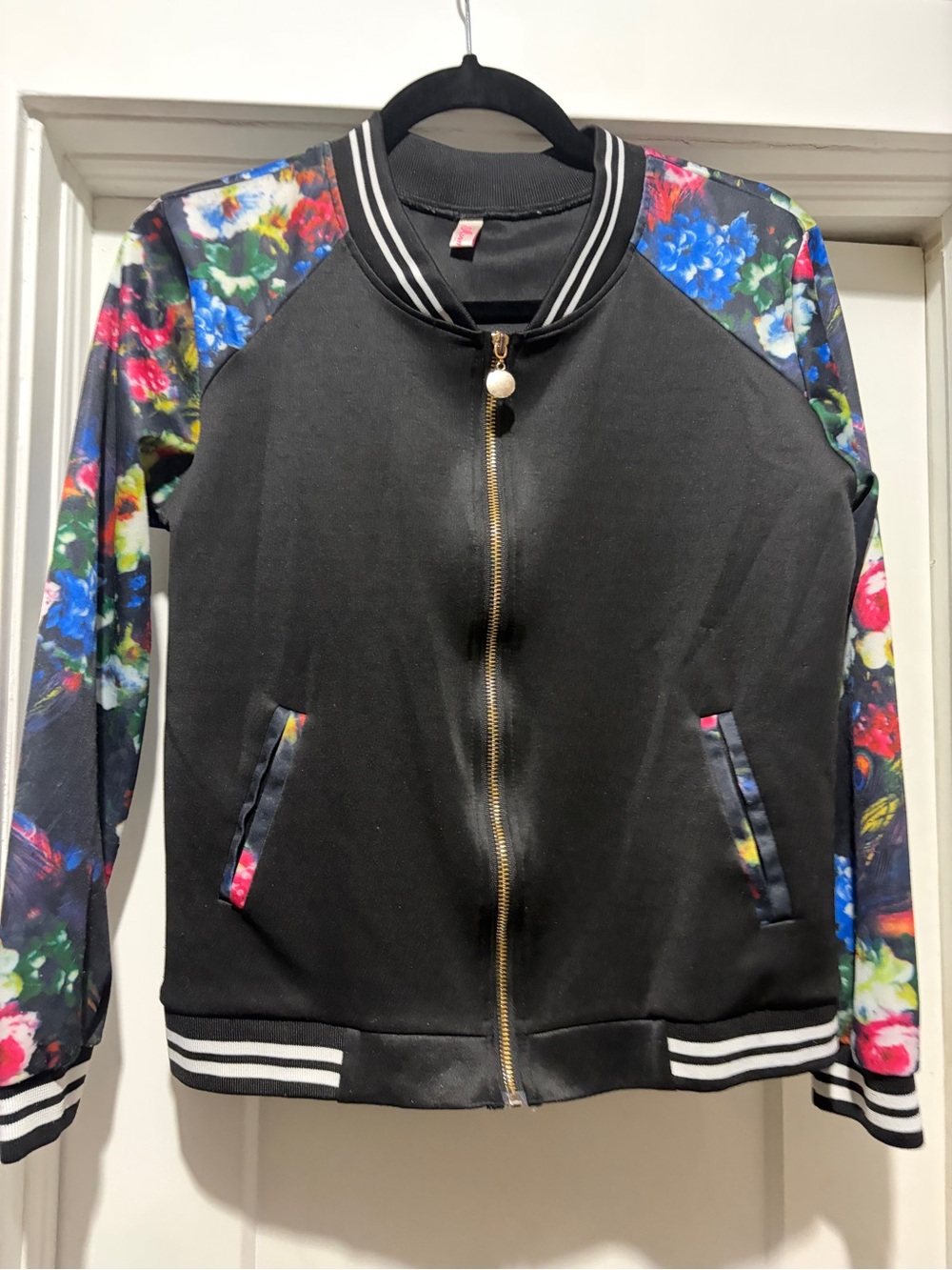 Floral Sleeve Black Bomber Jacket - Unbranded